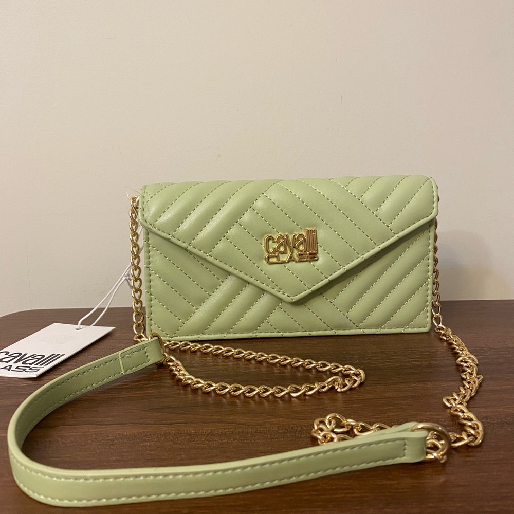 Cavalli Class Mint Quilted Clutch with Gold Chain